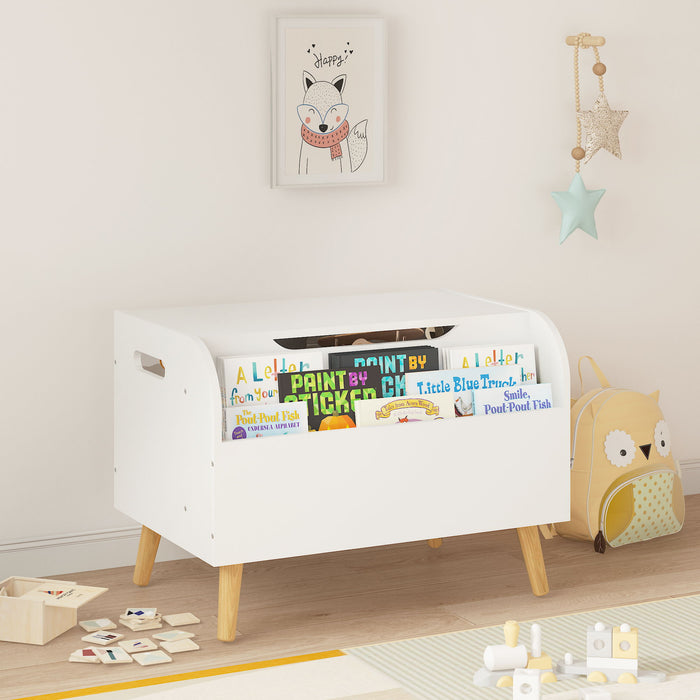 Toy Box With Front Bookshelf, Flip Top Lid, Safety Hinge For Kids Room Organization - White