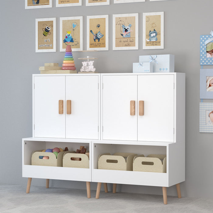Toy Storage Cabinet With Doors And Open Shelf, Toddler Bookshelf For Playroom - White