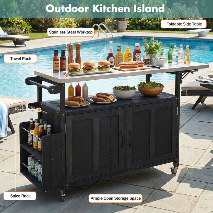 Foldable Outdoor Kitchen Island With Lockable Wheels, Storage Cabinet And Towel Rack For Patio