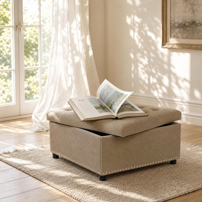 Square Tufted Storage Ottoman With Nailhead Trim