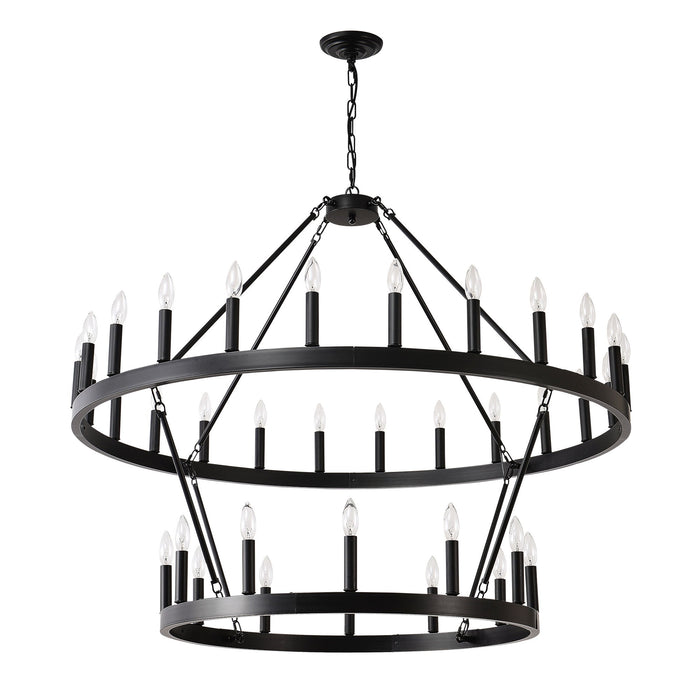 2 Tiers Wagon Wheel Chandelier Wooden Farmhouse 36 Light (24 / 12) Or (12 / 24) Metal Chandeliers 2 Story Light Fixtures Industrial For High Ceiling Living Dining Room Foyer, Adjustable Height - Black