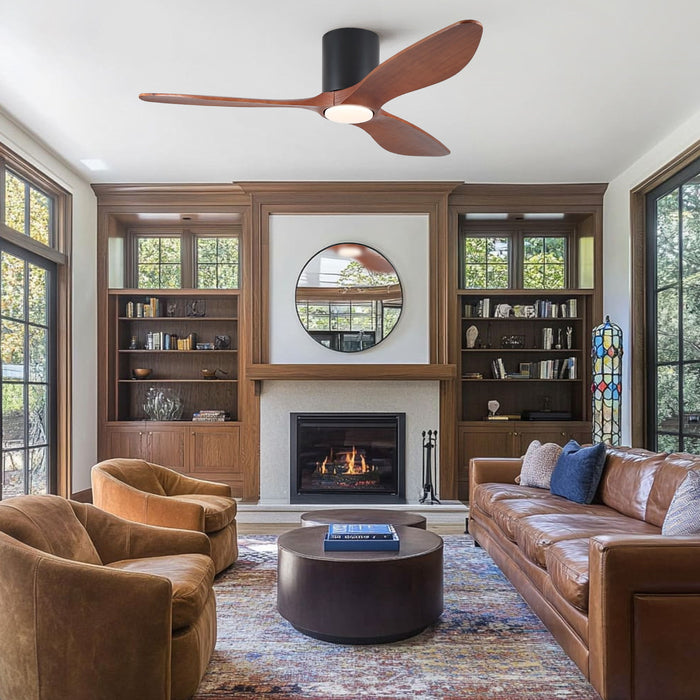 Low Profile Flush Mount Ceiling Fan With Light And Reversible Quiet Motor - Matte Black