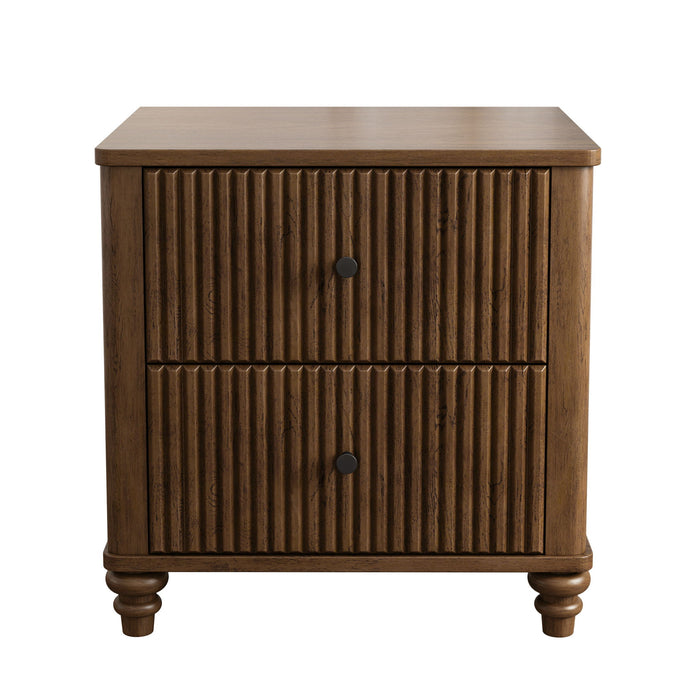 Mid Century Modern Fluted Nightstand 2 Piece Set With 3 Drawers - Walnut