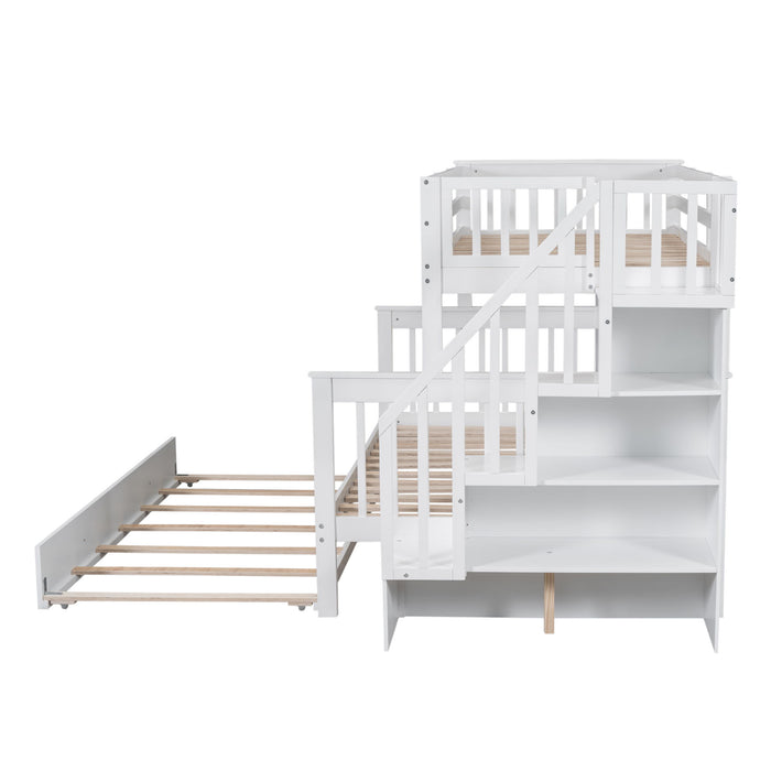Bunk Bed With Twin Size Trundle, Storage And Guard Rail For Bedroom