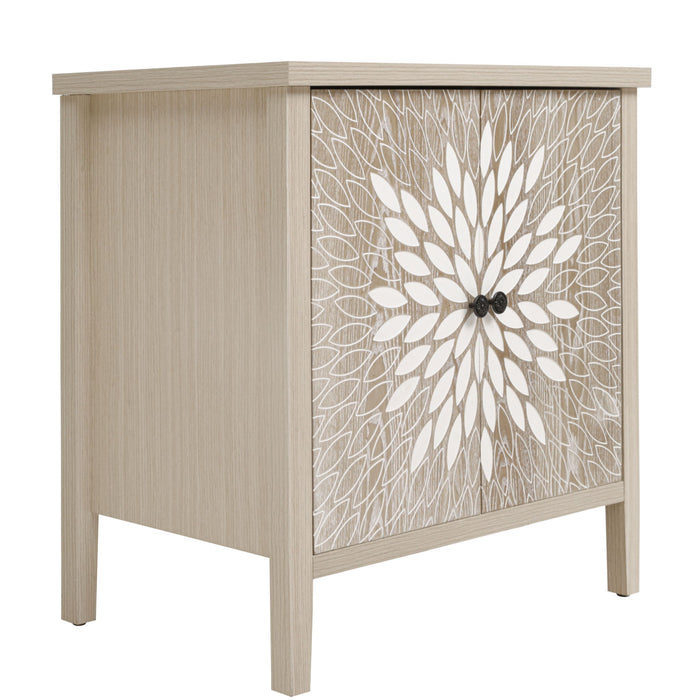 2 Door Carved Storage Cabinet With Adjustable Shelf, Accent Furniture