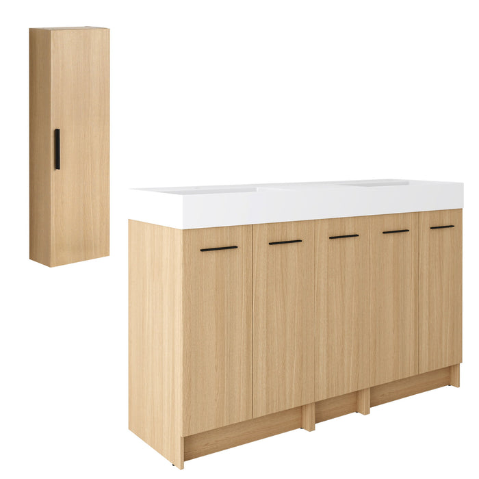 Double Sink Bathroom Vanity Set With Tall Linen Cabinet, Extra Large Storage, Integrated Sink, Freestanding Cabinet - Light Oak / White