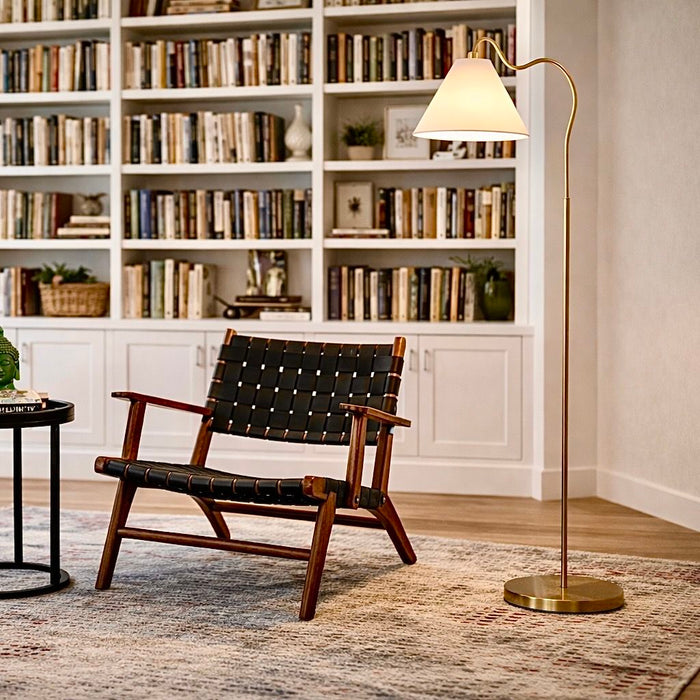 Majestic - Ring Base Curved Floor Lamp With Triangle Drum Shade - Gold / White
