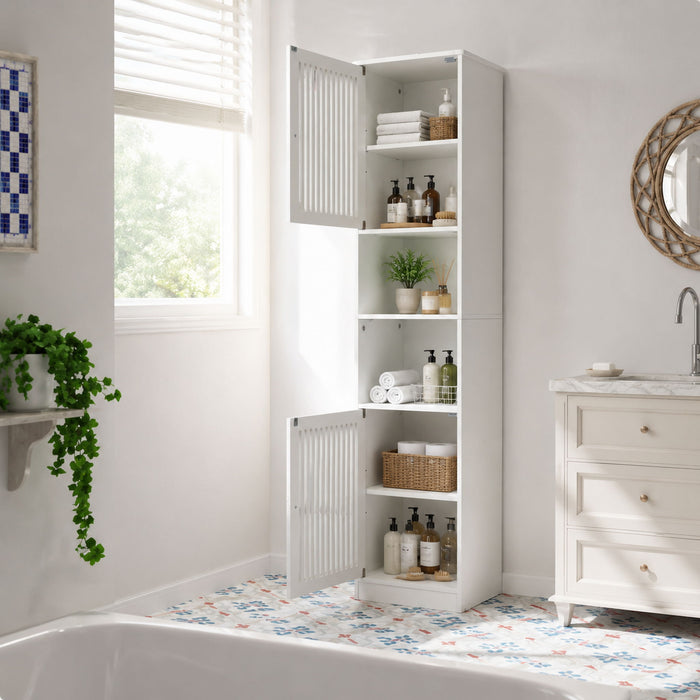 Tall Bathroom Cabinet With Adjustable Shelves, Louvered Door Floor Standing Storage Unit - White