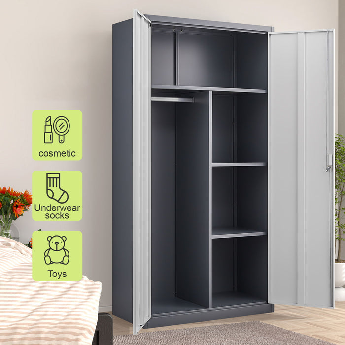 Large Capacity Wardrobe With Hanging Rod And Compartments