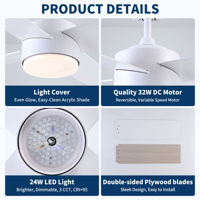 Ceiling Fan With Remote Control, Reversible DC Motor, 6 Speeds, 3 Dimmable LED, Quiet Timer For Indoor - White