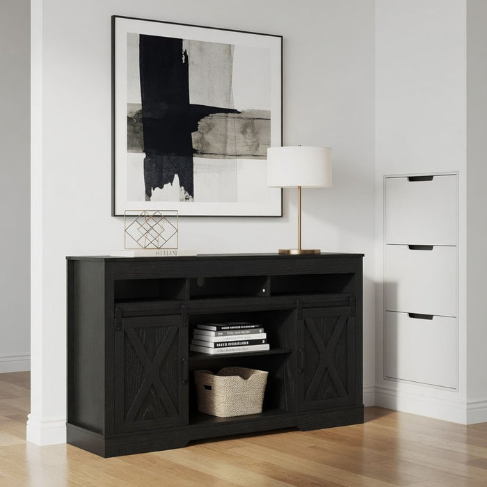 Farmhouse TV Stand With Sliding Barn Doors & Adjustable Storage