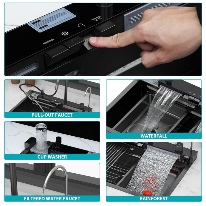 30" Whale Digital Waterfall Sink With LED Display, 16 Gauge Single Bowl Ledge Workstation - Gunmetal Black