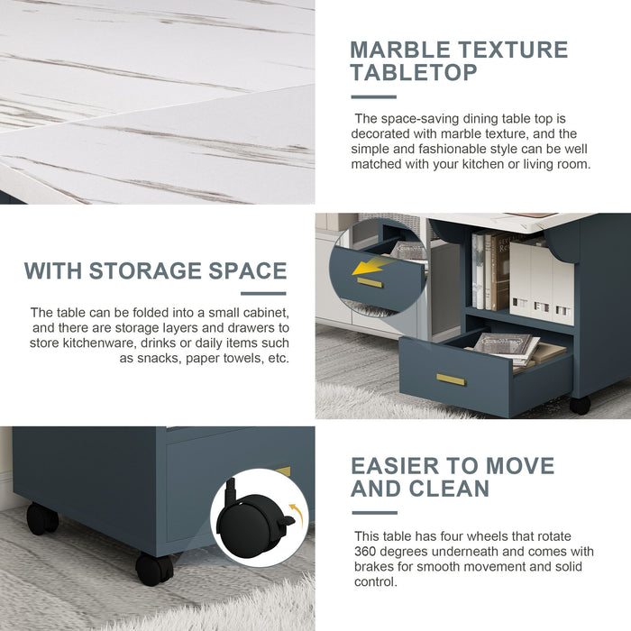 Versatile Wood Folding Dining Table With Wheels, Storage Rack & Drawer, Space Saving Design - White