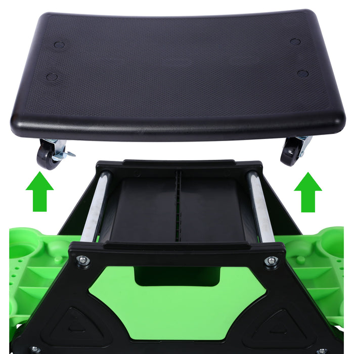 Rolling Detailing Creeper Seat With Wheels, Removable Tool Trays, 300 Lbs Capacity - Green