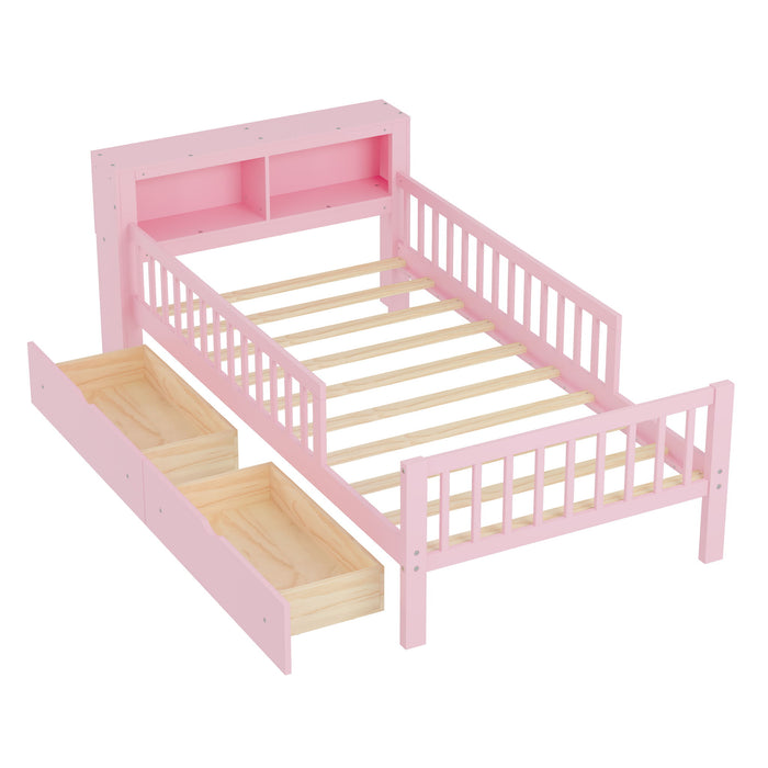 Bed With Headboard Storage Rack, 2 Under Bed Drawers, 3 Side Guardrails For Safety