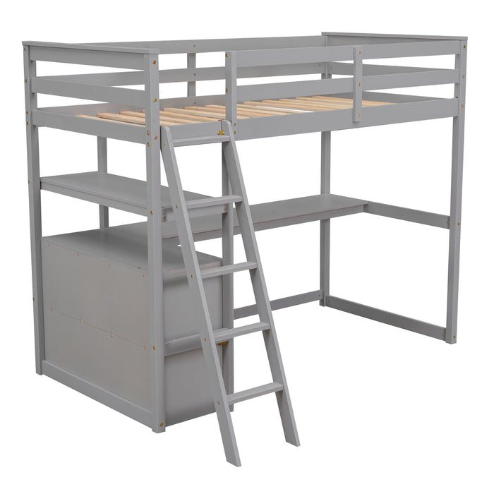 Modern Loft Bed With Built In Desk, Shelves, And 2 Drawers