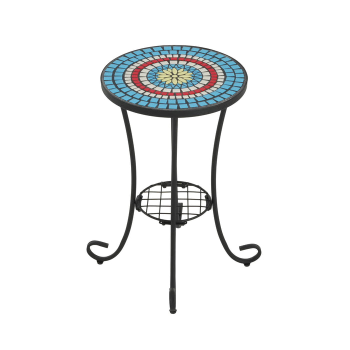 Ceramic Tile And Iron Patio Side Table With Shelf