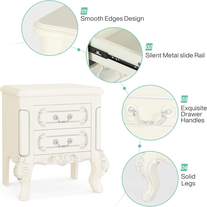 Carved Nightstand With 2 Drawers, Bedside Table - White