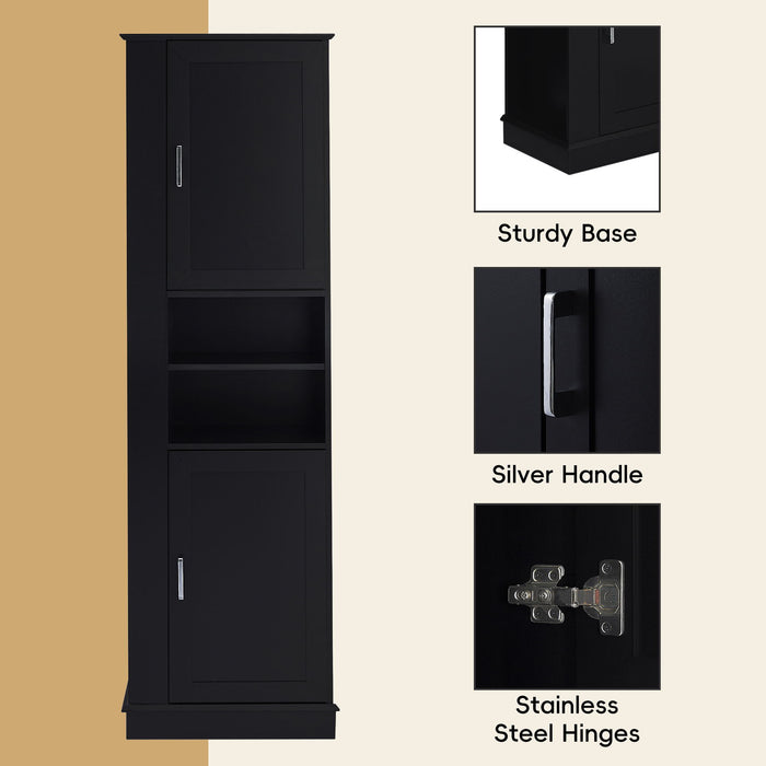 Tall Freestanding Bathroom Storage Cabinet With Adjustable Shelves And Side Hooks Board, Rectangle Design