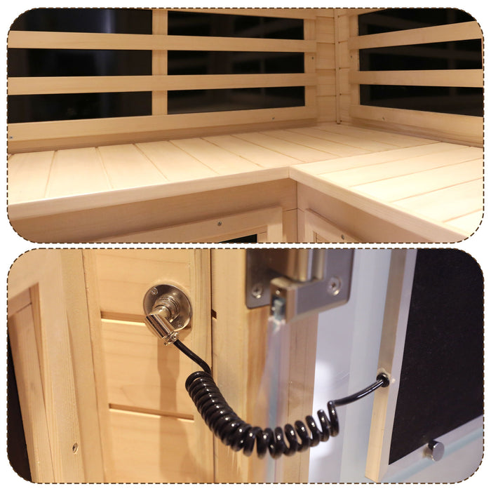 Low Emf Front Door With Heating Panel 2 Persons Hemlock Far Infrared Corner Indoor Sauna Room - Natural