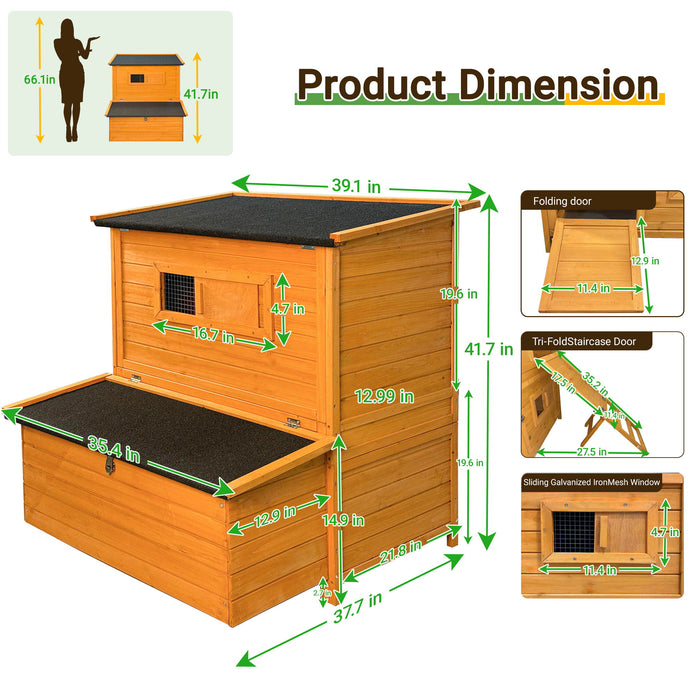 Chicken Coop, Large Chicken Coop With 3 Nesting Boxes, Foldable Ramp And Flip Up Asphalt Roof - Orange