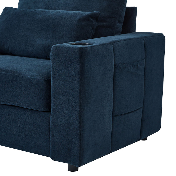 Modern Style Armchair Chaise Lounge Sofa Couch With Movable Storage Ottoman, USB Ports, Cup Holders, Phone Holder, Side Pockets