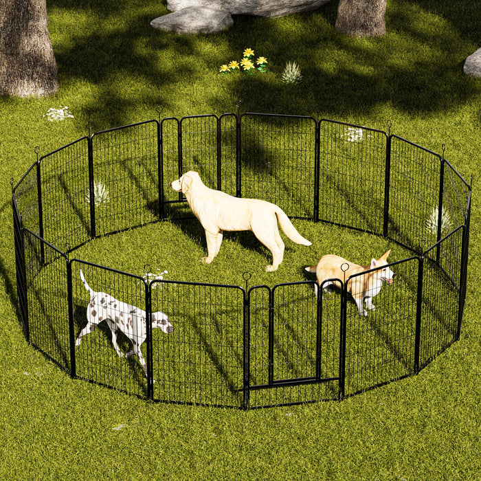 Dog Playpen, 16 Panels Pet Exercise Pen Indoor / Outdoor Fence With Anti Skid Base - Black