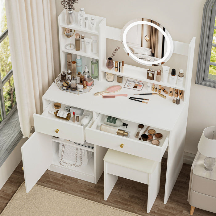 Fashion Vanity Desk With Mirror And Lights For Makeup And Cushioned Chair - White