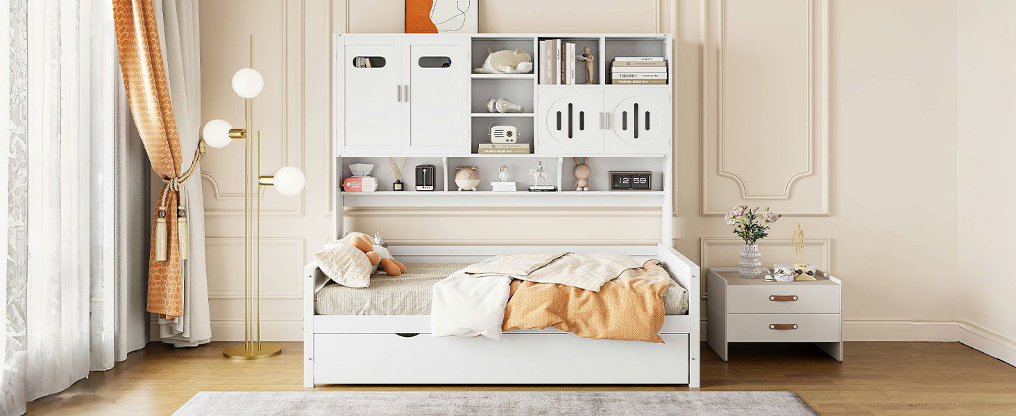 Daybed With All-In-One Cabinet And Shelf
