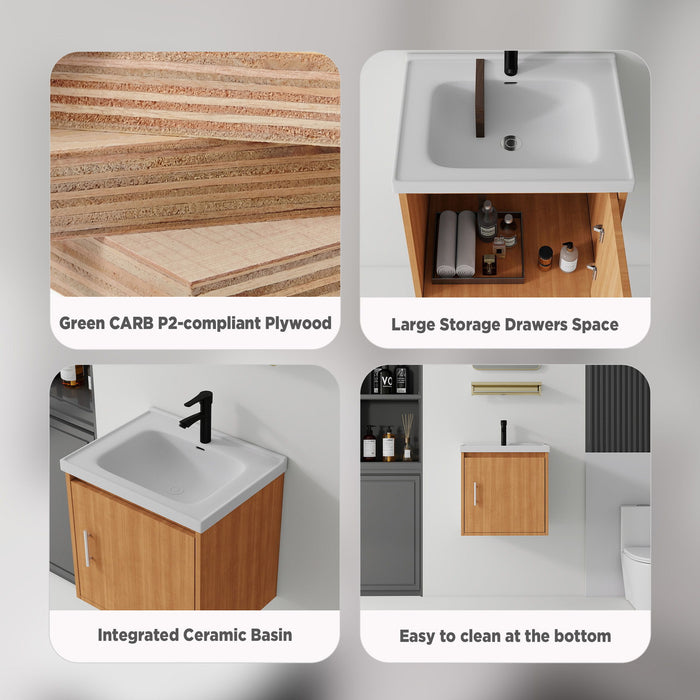 20" Floating Bathroom Vanity Combo With Sink, Soft Close Doors, Wall Mounted Solid Cabinet - Golden Oak
