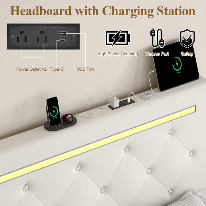 Upholstered Bed Frame With LED Lights, 4 Storage Drawers, Charging Station