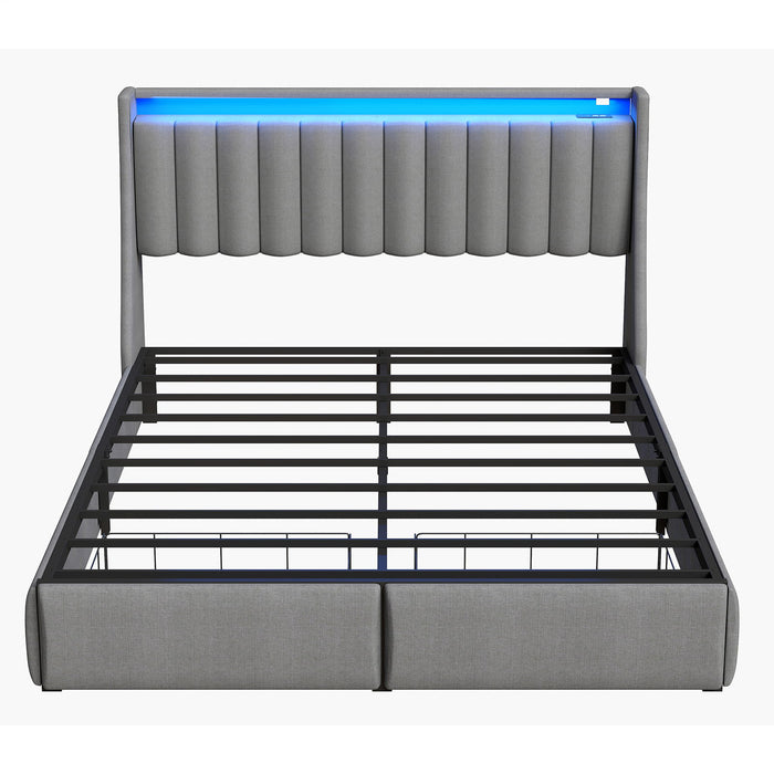 Upholstered Platform Bed Frame With RGB LED Lights, Charging Station & 2 Underbed Drawers