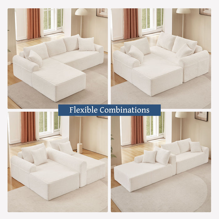 Modular Corduroy Sectional With Arched Armrests, Includes 3 Back Cushions & 2 Throw Pillows