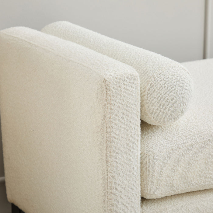 Elegant Upholstered Bench, Daybed, Ottoman With Wood Legs & Bolster Pillows - Ivory Boucle