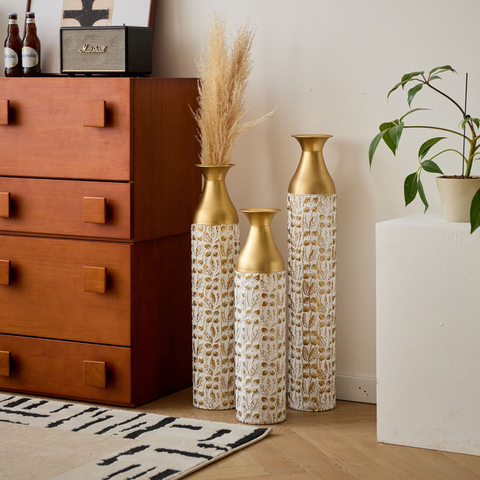 Mother's Day Gift Set Gilded White 3D Relief Flower Metal Vase Set - White / Gold