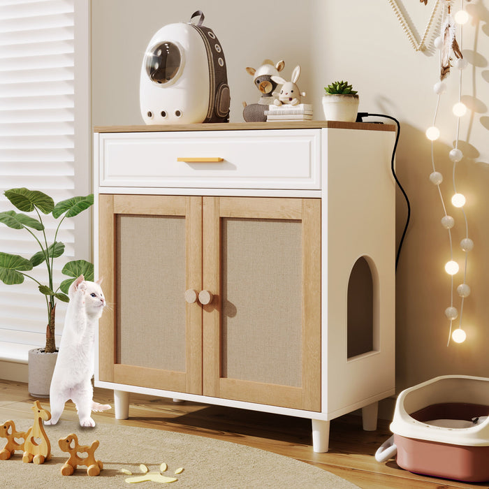 Pet Friendly Furniture Style Cat Litter Box House With Sisal Scratching Door And Charging Socket - Beige / White