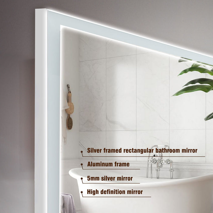 Modern LED Bathroom Vanity Mirror With Aluminum Frame, 45° Beveled Lights, Anti Fog - Silver