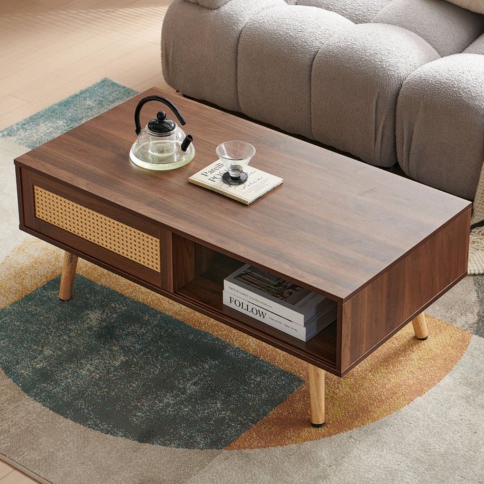 41.34" Rattan Coffee Table, Sliding Door For Storage, Solid Wood Legs, Modern Table For Living Room