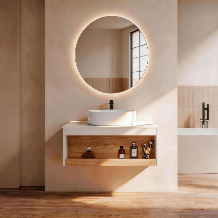 Floating Bathroom Vanity With Glossy Round Vessel Sink