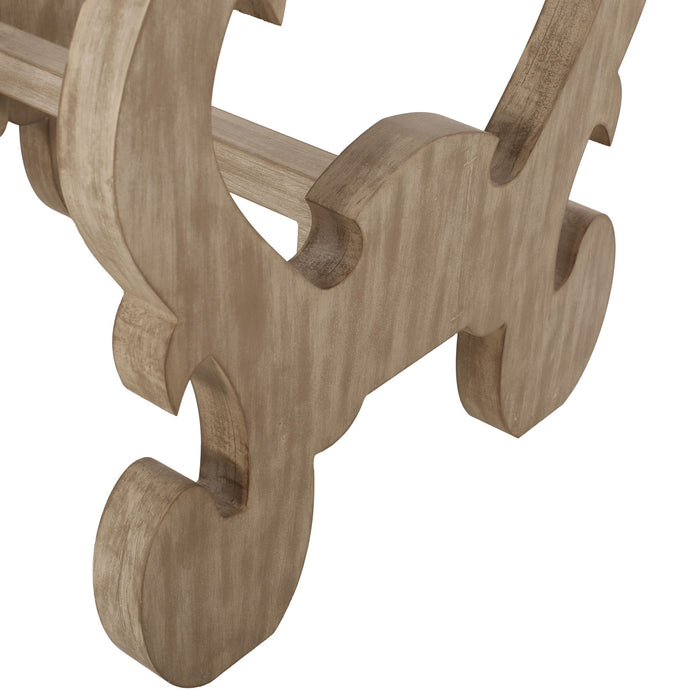 French Country Style Accent Table With Ornate Stretcher Base - Natural