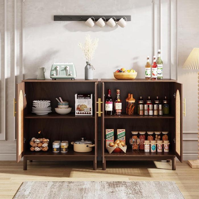 Sideboard Buffet Cabinet With Handwoven Rattan Doors (Set of 2) - Dark Brown
