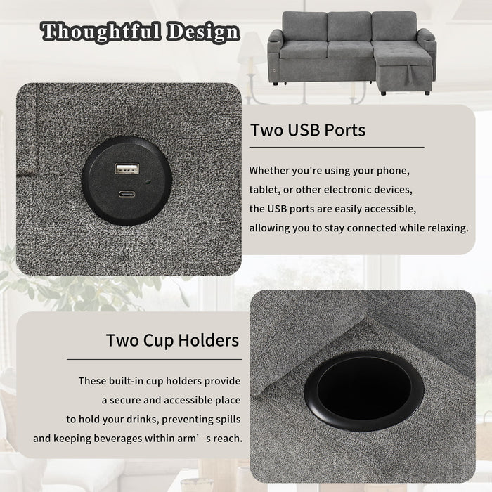 Convertible L Shaped Sofa Couch With Storage, Cup Holders, USB Ports