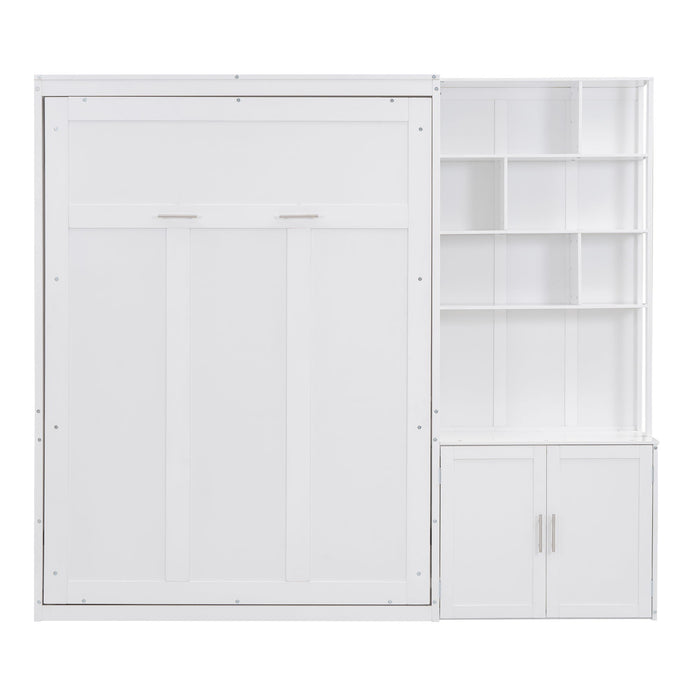 Full Size Murphy Bed With Multiple Storage Shelves And A Cabinet - White