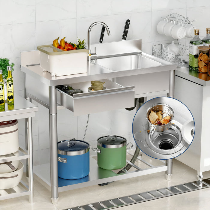 Outdoor Utility Sink With Workbench & Storage Shelf, Freestanding Prep Table With Left Drawer, Garden Patio Sink Station With 360° Hot & Cold Water Faucet - Silver