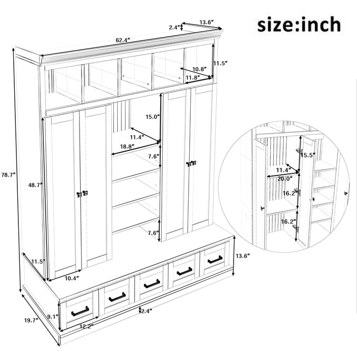 Hall Tree & Bench And 5 Storage Cubbies