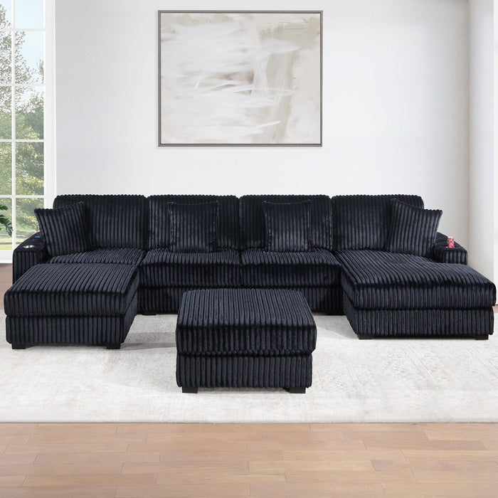 6 Piece Modular U Sectional Sofa Set With USB Cup Holder, Low Leg - Black