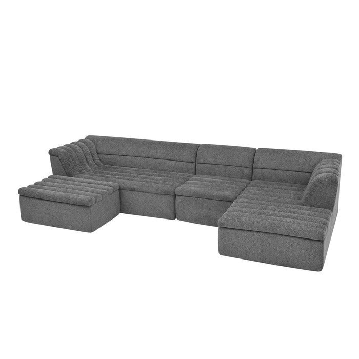 U-Shaped Modular Sectional Sofa With Chaise And Movable Ottoman With Wave-Shaped Armrest