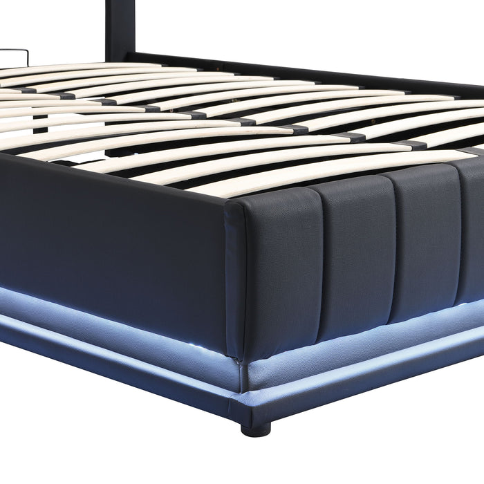 Upholstered Bed With Hydraulic Storage System And LED Light, With Sockets And USB Ports