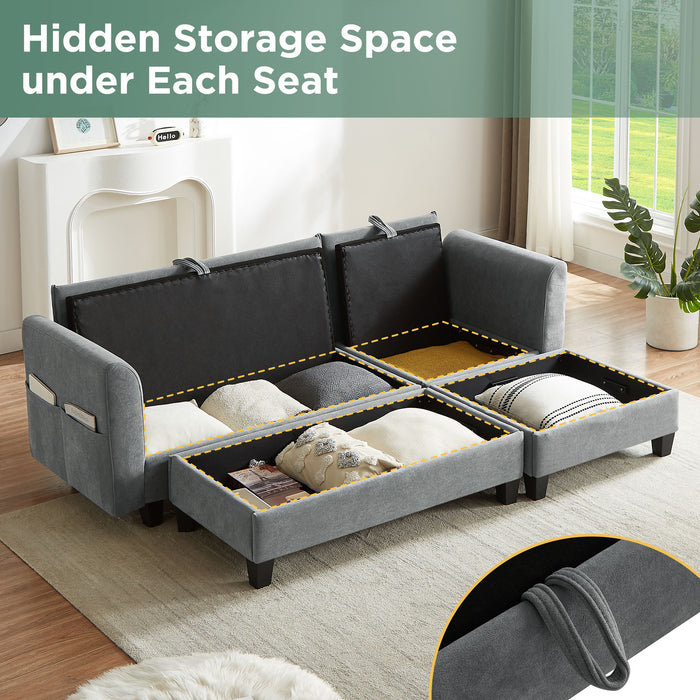 Upholstered L Shaped Sectional Sofa With Storage, Movable Ottoman, And 6 Throw Pillows