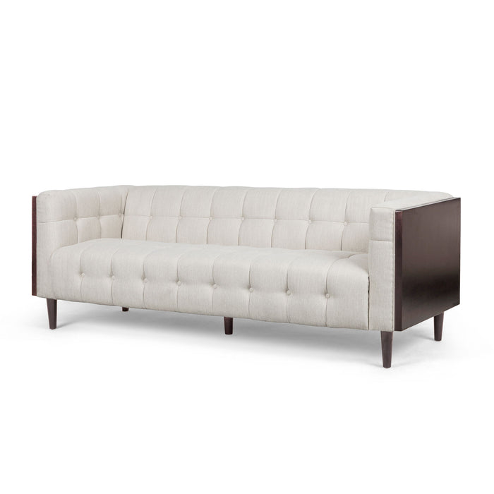 Contemporary 3 Seater Sofa With Button Tufted Waffle Stitching - Beige